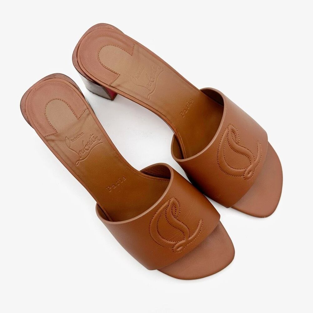 CHRISTIAN LOUBOUTIN So CL Embossed Heel Size 37.5 Sandal Leather Block Slide - Picture 3 of 11